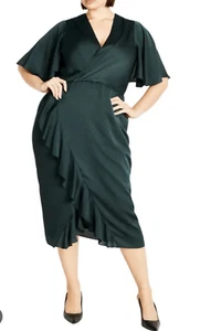 City Chic Soft Ruffle Dress Emerald Green XL (22W) Knee Length - Picture 1 of 5