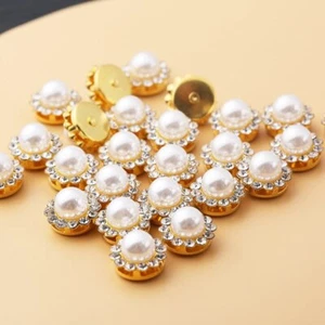 10PCS 8MM ACRYLIC PEARL & CRYSTAL GOLD BACK SEW ON GEMS WEDDING COSTUMES CRAFT - Picture 1 of 8