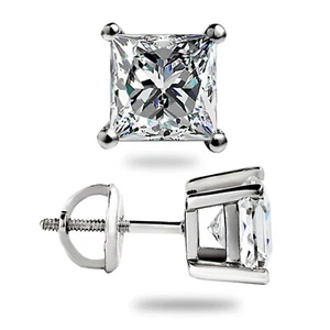 1.50 Ct Princess Cut Moissanite Stud Earrings Screwback Real 14k White Gold Gift - Picture 1 of 12