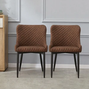 2X Dining Chairs Retro Brown Faux Leather Padded Seat PU With Metal Legs - Picture 1 of 11