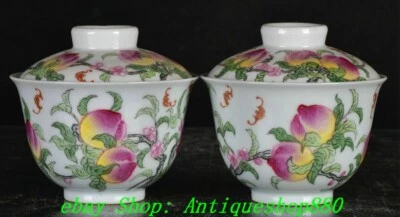 Par de tazas de vidrio con tapa de melocotón porcelana rosa familia dinastía Qing de 3,9"" Foto 1 de 4