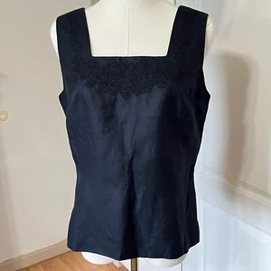 Talbots Woman's Sleeveless Square Neck Tank Top Shell Black Embroidered Size 6 - Picture 1 of 13