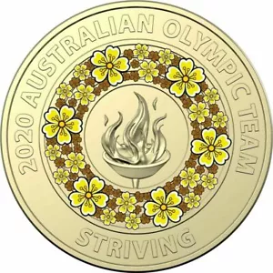 Australian Two Dollar $2 coin 2020 TOKYO Olympic Games🟡YELLOW🟡Striving - Foto 1 di 2