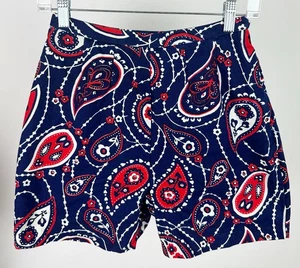 Vintage 60s Paisley Shorts XS / 24" High Waist Navy Red Bandana Print Hippie 70s - Picture 1 of 8