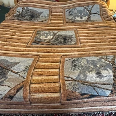 Log Cabin Wolf Tapestry Throw Blanket Woodland Wildlife Nature Cozy Decor XL - Image 1 of 4