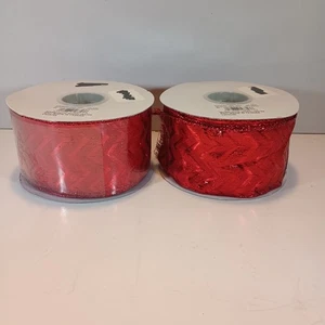 2 Spools Red Metallic Chevron Wired Ribbon 2.5" x 20 yds Metallic Polyester - Picture 1 of 4
