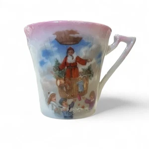 Antique Child's Tea Set 2" Teacup, AS IS Santa Hot Air Balloon Airship Pink Rim - Picture 1 of 8
