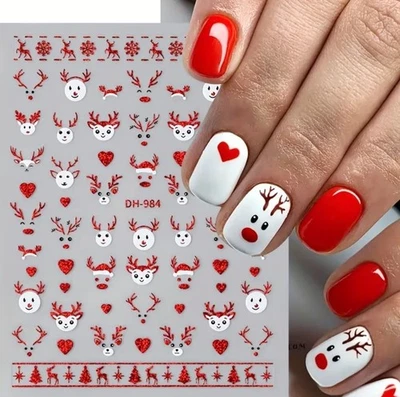 Christmas Nail Art Stickers Metallic Red White Reindeer Decals Festive DH-984 - Image 1 of 2