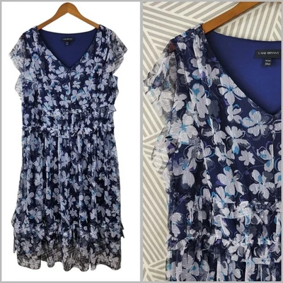 Lane Bryant Plus Size 18/20 2X Shirt Dress Floral Navy Ruffle Tiered Skirt Long - Image 1 of 4