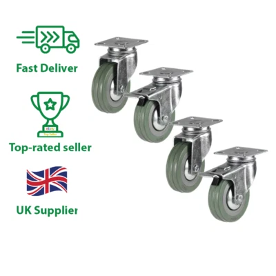 ATLAS HANDLING UK LTD Rubber Castors casters set of Four 50mm Swivel Castors Braked Castors