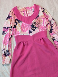 Abito donna vintage anni 60/70 rosa floreale mod fatto a mano manica lunga XS (9) - Foto 1 di 14