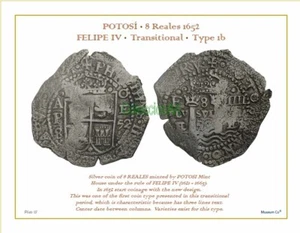 Foglio #13 Album MONETE DI POTOSI MINT/8 REALES 1652 Felipe IV Transtional Type1b - Foto 1 di 3