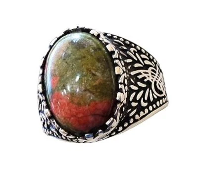 УНАКИТ ЯШМА ДРАГОЦЕННЫЙ КАМЕНЬ 925 ПРОБЫ ОСМАНСКИЙ ТУРЕЦКИЙ ТЯЖЕЛОЕ МУЖСКОЕ КОЛЬЦО - Изображение 1 из 4