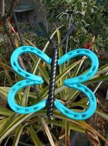 Teal Blue Horseshoe Butterfly, Horseshoe Garden Art, garden stake, yard art - Picture 1 of 6