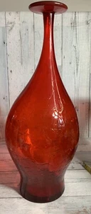 Vtg. Crackle Tall Red/Orange Glass Vase hand Blown Tall Thin Neck Not Marked - Picture 1 of 9
