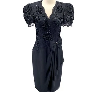 Vintage Leslie Fay Evenings knee length cocktail dress size 6 S M lace floral - Picture 1 of 11