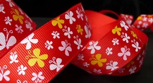 1 inch BUTTERFLY on candy cherry red lipstick grosgrain RIBBON - 1 yard garden - Picture 1 of 1