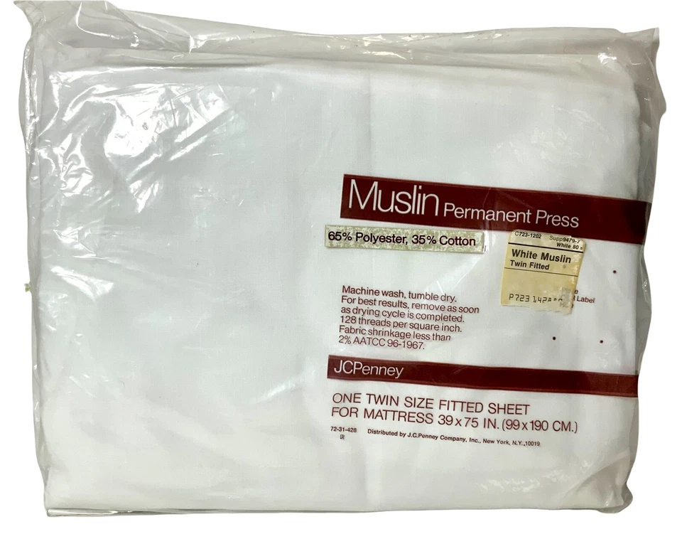 Vintage JCPENNY Muslin Permanent Press - Twin Fitted Sheet - White, NEW - Image 1 of 1
