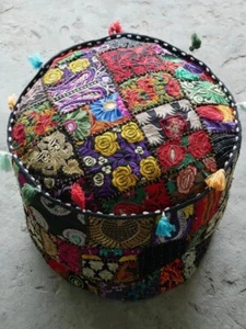 Indian Patchwork Black Round Pouffe Cover Vintage Cotton Footstool Ottoman AU - Picture 1 of 5