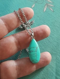 COLLANA DONNA UOMO CON PENDENTE CIONDOLO GOCCIA DI TURCHESE NATURALE E ARGENTO - Foto 1 di 22