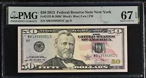 2013 $50 Federal Reserve Note Fr-2132-B New York PMG67 Superb Gem EPQ - Picture 1 of 2