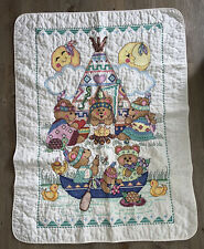 Finished Vintage Child Baby Crib Quilt Cross Stitch Indians Teepee￼ Bears Cute!!