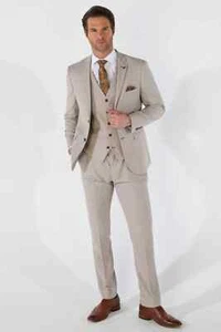 MENS PAUL ANDREW MAYFAIR BEIGE TAILORED FIT TEXTURED WEDDING 3 PIECE SUIT 36-52 - Picture 1 of 7