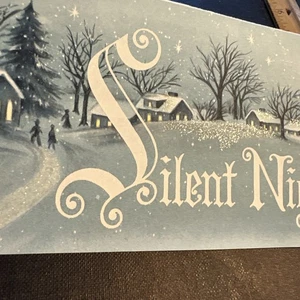 Tarjeta de Navidad De Colección Mcm People Town Street Church Brillo Azul Blanco Nieve - Imagen 1 de 9