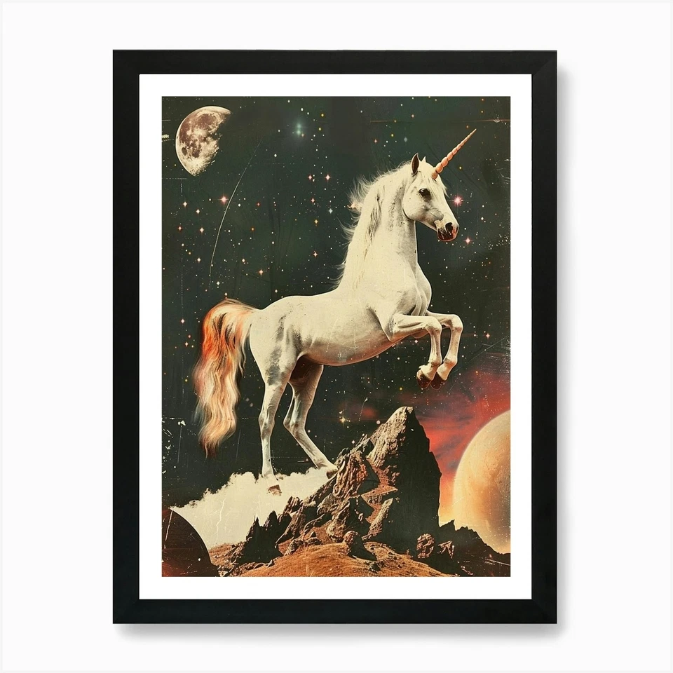 Unicorn In Space Retro Photo Art Pr Framed Wall Art Poster Canvas Print Picture - Image 1 of 1