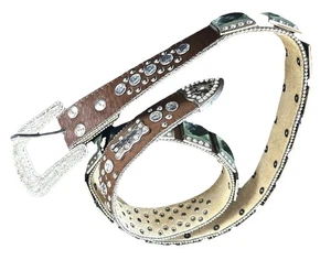 BHW Women’s Western Real Fur Belt Studded Design Beads Jewels Brass Buckle Sz XL - Picture 1 of 6
