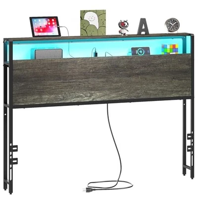 Cabeceira de tamanho com prateleiras de armazenamento de 2 níveis, resistente e estável carvalho preto completo - Imagem 1 de 4