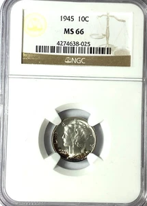 Moneda de diez centavos de plata Mercury 1945 10c rara Philadelphia NGC MS66 - Imagen 1 de 2