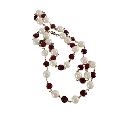 复古人造珍珠和红色玻璃项链金盘长 1980 年代风格 35 — 第 1/4 张图片
