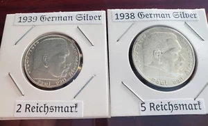 Nazi Germany Genuine WW2 1938-39 Third Reich 2 and 5 Reichsmark Silver Coins - Picture 1 of 8