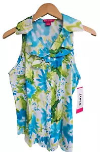 Top smanicato donna Sunny Leigh taglia M 100% lino colore acqua stampa floreale nuovo con etichetta - Foto 1 di 10