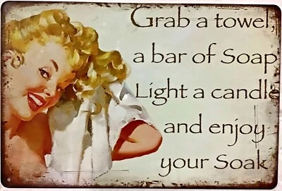 TIN SIGN 8x12 Bathroom bathtub tub sexy girl candles towel soap relax enjoy B1 - Image 1 of 4