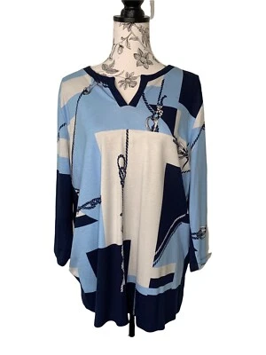 NONI B Womens Navy Blue Grey Nautical Rope V-Neck 3/4 Sleeve Top Size 18 / XL - Image 1 of 4