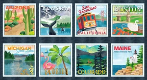 Travel Tourism US States Fabric Stateside Cotton by Blank Textiles 24" Panel - Picture 1 of 1