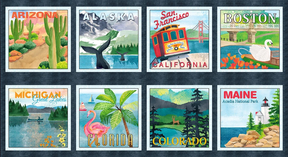 Travel Tourism US States Fabric Stateside Cotton by Blank Textiles 24" Panel - Image 1 of 1