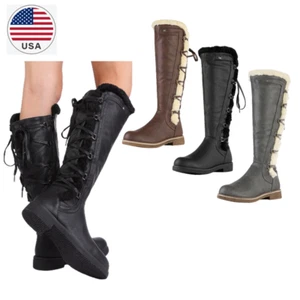 Women Winter Warm Faux Fur Lining Knee High Boots Lace Up Riding Boots - Picture 1 of 13