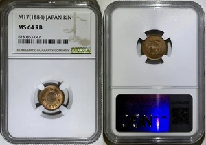 Japan 1884 Meiji Year Yr 17 Copper 1 Rin Coin NGC MS 64 RB Only 1 Better Y# 15 - Picture 1 of 3