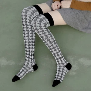 Calze alte coscia pied de poule retrò sopra il ginocchio calze cotone Lolita Preppy slim - Foto 1 di 18