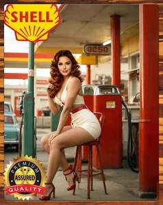 Shell - Gas Station - Girl - Pinup - Restored - Metal Sign 11 x 14 - Picture 1 of 4
