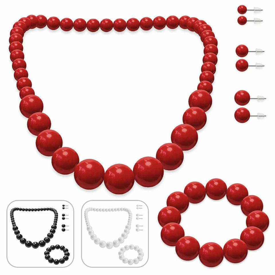 SET Perlenkette + Armband + 3 Paar Ohrstecker rot schwarz weiß 50 er Halskette - Bild 1 von 1