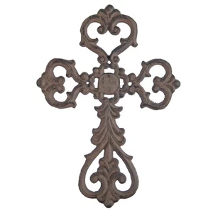 Cast Iron Ornate Fleur De Lis Floral Cross Wall Decor Antique Style Brown 10.75" - Picture 1 of 4