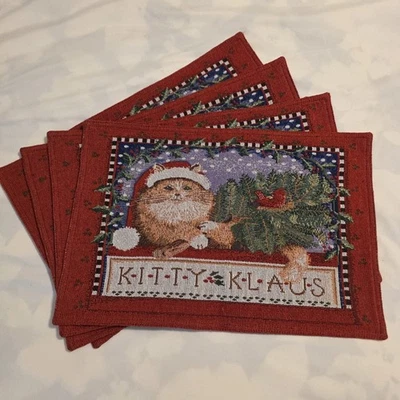 Juego de 4 manteles individuales KITTY KLAUS Navidad gato tapiz rojo cardenal 19" x 12,5" Foto 1 de 4