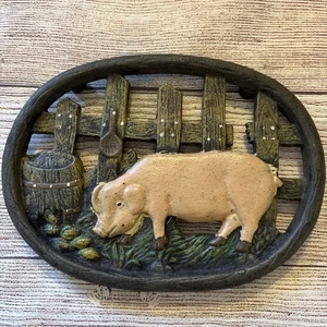 Cast Iron Trivet Hot Plate Pig Hog Sow Heavy Painted Farmhouse Oval 7.5x6” - Picture 1 of 4