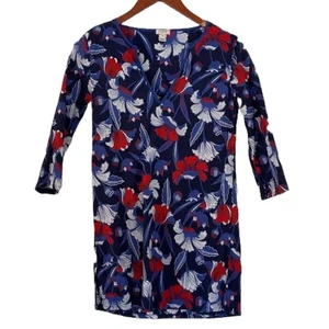 J. Crew Cotton Gauze Beach Cover-Up/Tunic V-Neck, Red, Blue Floral 3/4 Sleeve XS - Picture 1 of 12