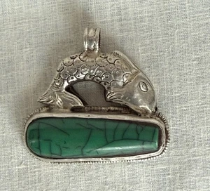 Vintage Tibetisches Sterlingsilber Türkis Fisch Halskette Anhänger - Bild 1 von 4