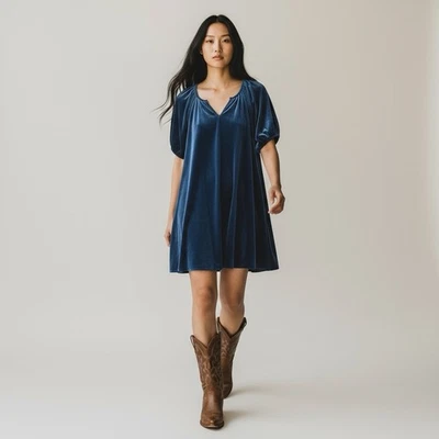 Antiguo Vestido Túnica Azul Marino Talla Grande Terciopelo Cuello en V Manga Abullonada Mini Cambio Foto 1 de 4